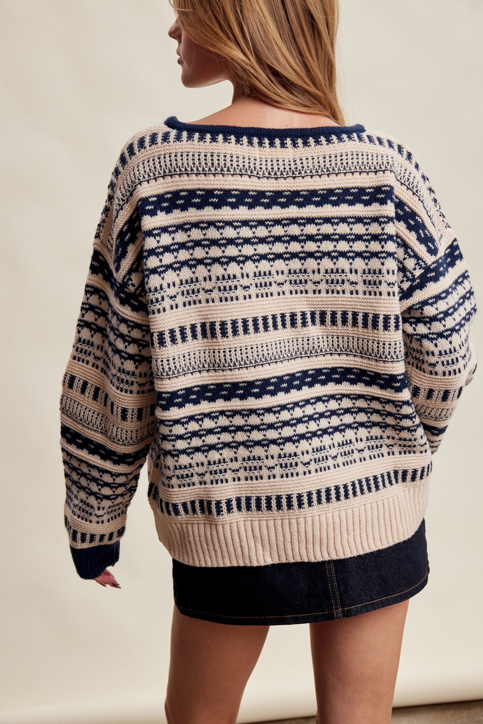 Highland Crossing Fair Isle Split Neck Sweater in Cream Navy - product photo 8