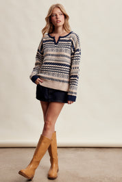 Highland Crossing Fair Isle Split Neck Sweater in Cream Navy - product photo 9