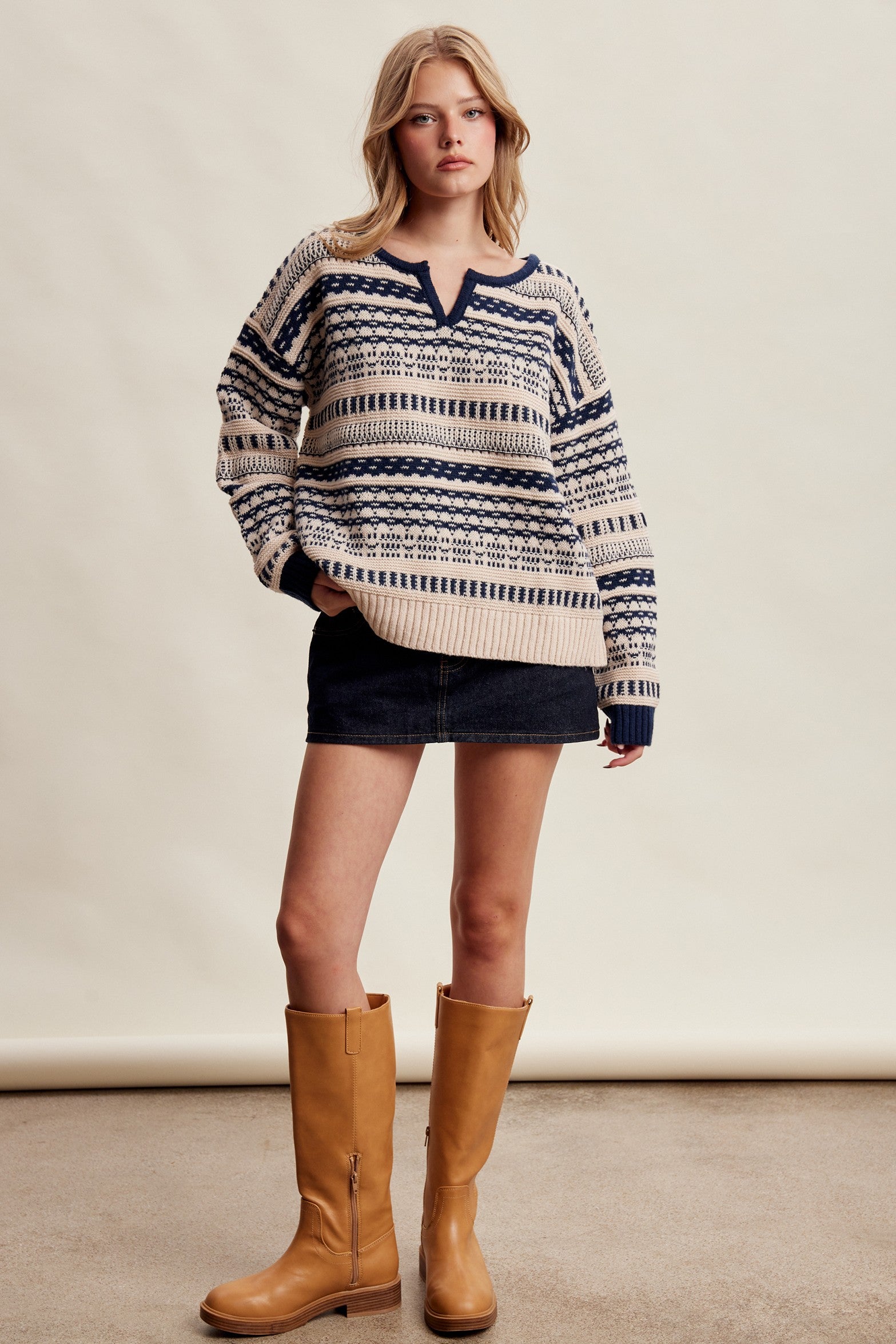 Highland Crossing Fair Isle Split Neck Sweater in Cream Navy - product photo 10