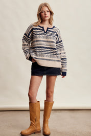 Highland Crossing Fair Isle Split Neck Sweater in Cream Navy - product photo 10