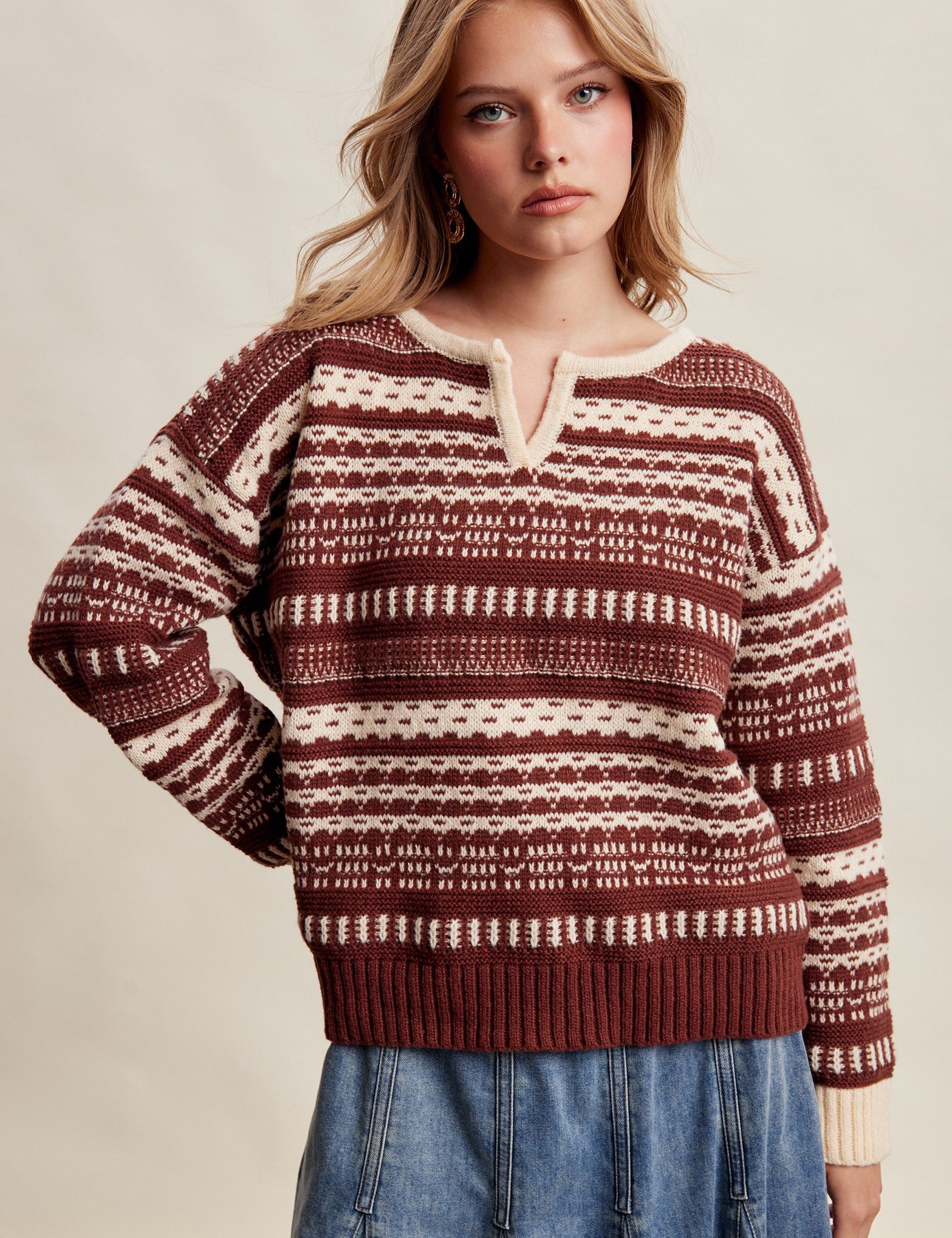 Highland Crossing Fair Isle Split Neck Sweater in Mocha Ivory - product photo 1