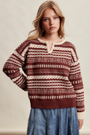 Highland Crossing Fair Isle Split Neck Sweater in Mocha Ivory - product photo 1
