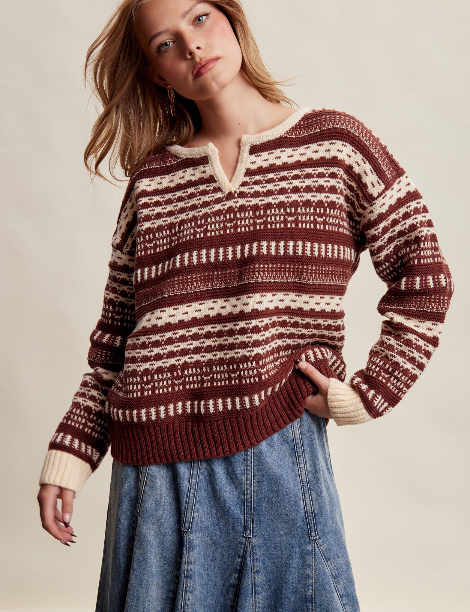 Highland Crossing Fair Isle Split Neck Sweater in Mocha Ivory - product photo 2