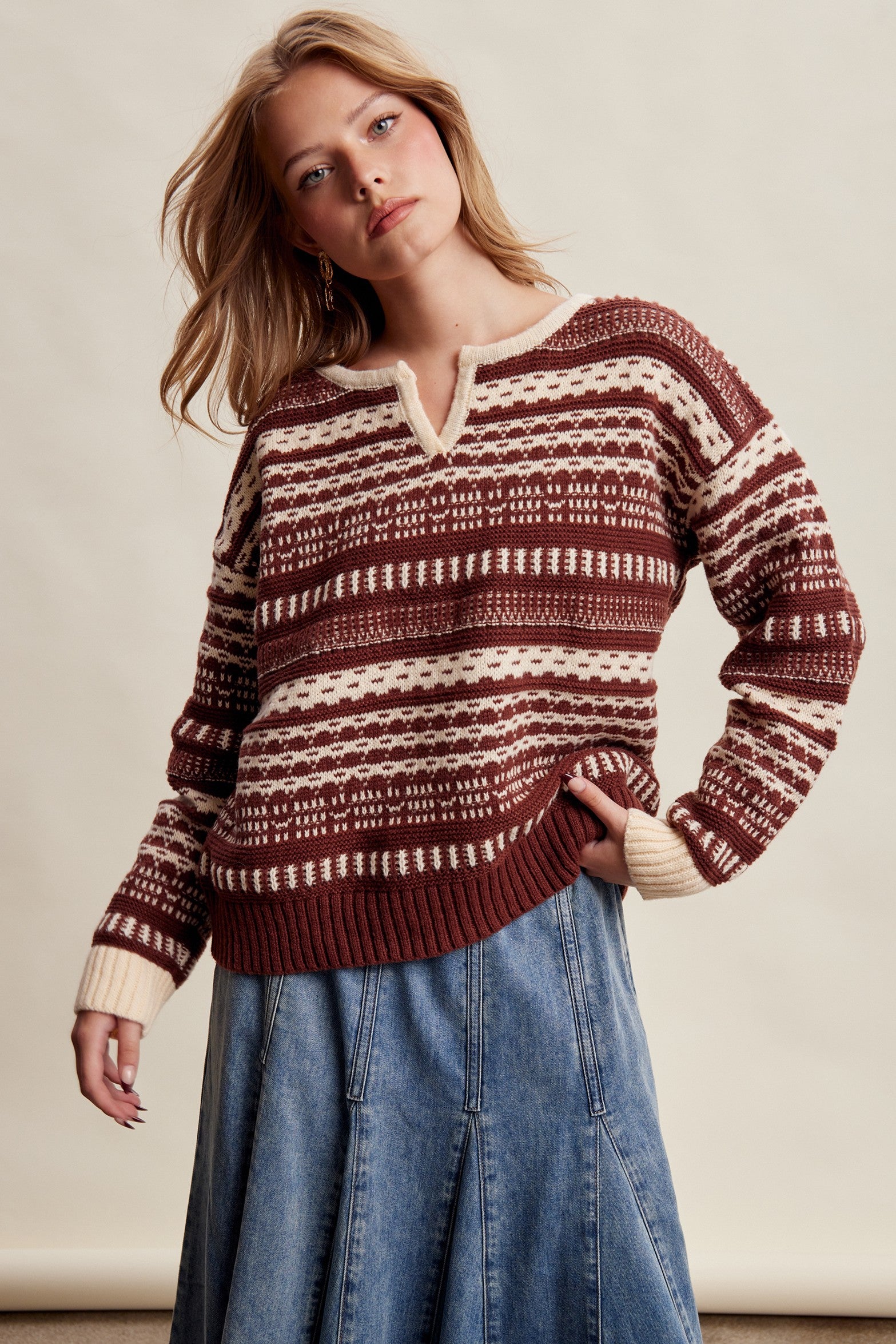 Highland Crossing Fair Isle Split Neck Sweater in Mocha Ivory - product photo 2