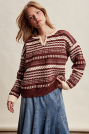 Highland Crossing Fair Isle Split Neck Sweater in Mocha Ivory - product photo 2