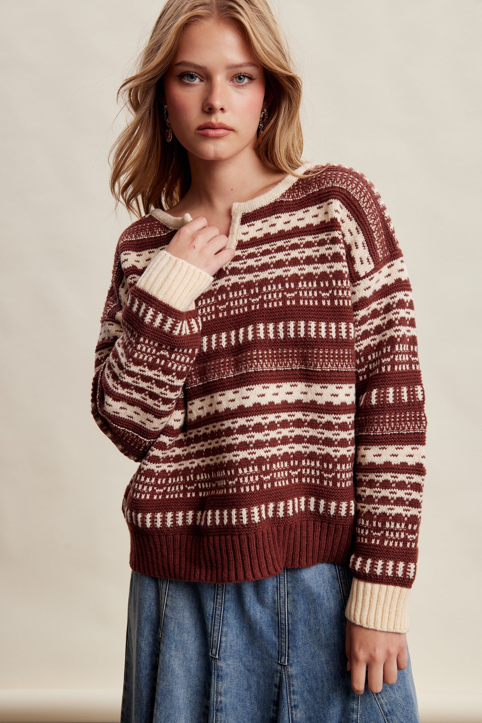 Highland Crossing Fair Isle Split Neck Sweater in Mocha Ivory - product photo 3
