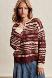 Highland Crossing Fair Isle Split Neck Sweater in Mocha Ivory - product photo 3