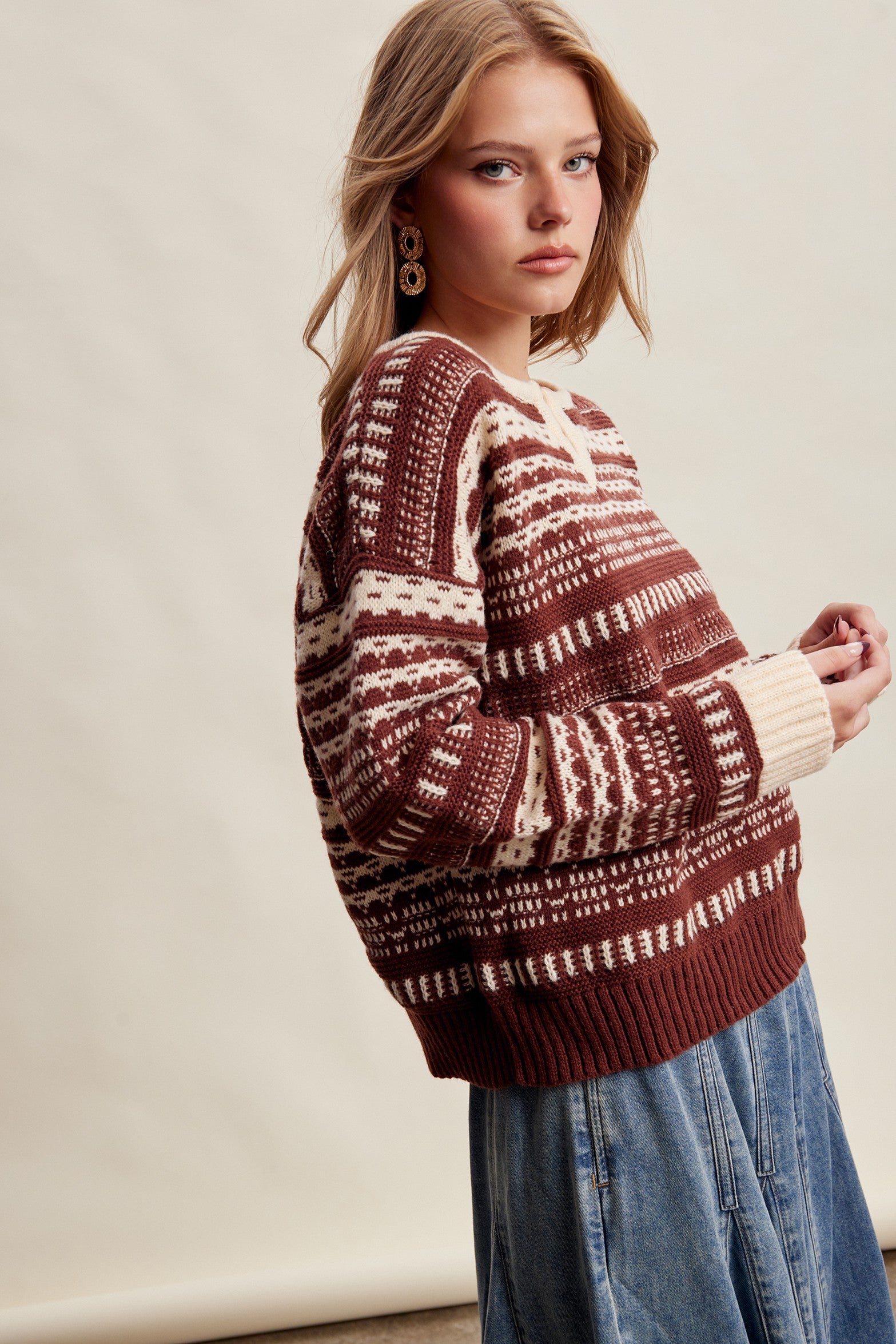 Highland Crossing Fair Isle Split Neck Sweater in Mocha Ivory - product photo 4