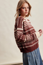 Highland Crossing Fair Isle Split Neck Sweater in Mocha Ivory - product photo 4