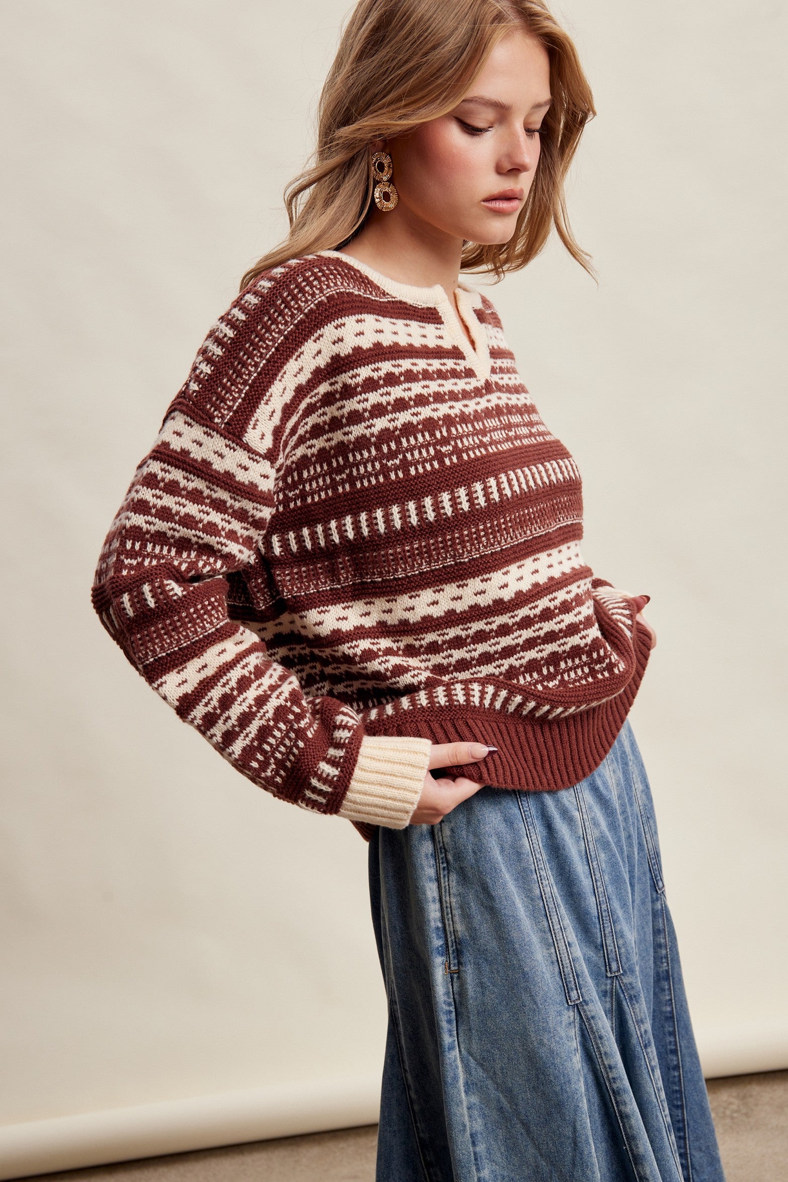 Highland Crossing Fair Isle Split Neck Sweater in Mocha Ivory - product photo 5