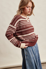Highland Crossing Fair Isle Split Neck Sweater in Mocha Ivory - product photo 5