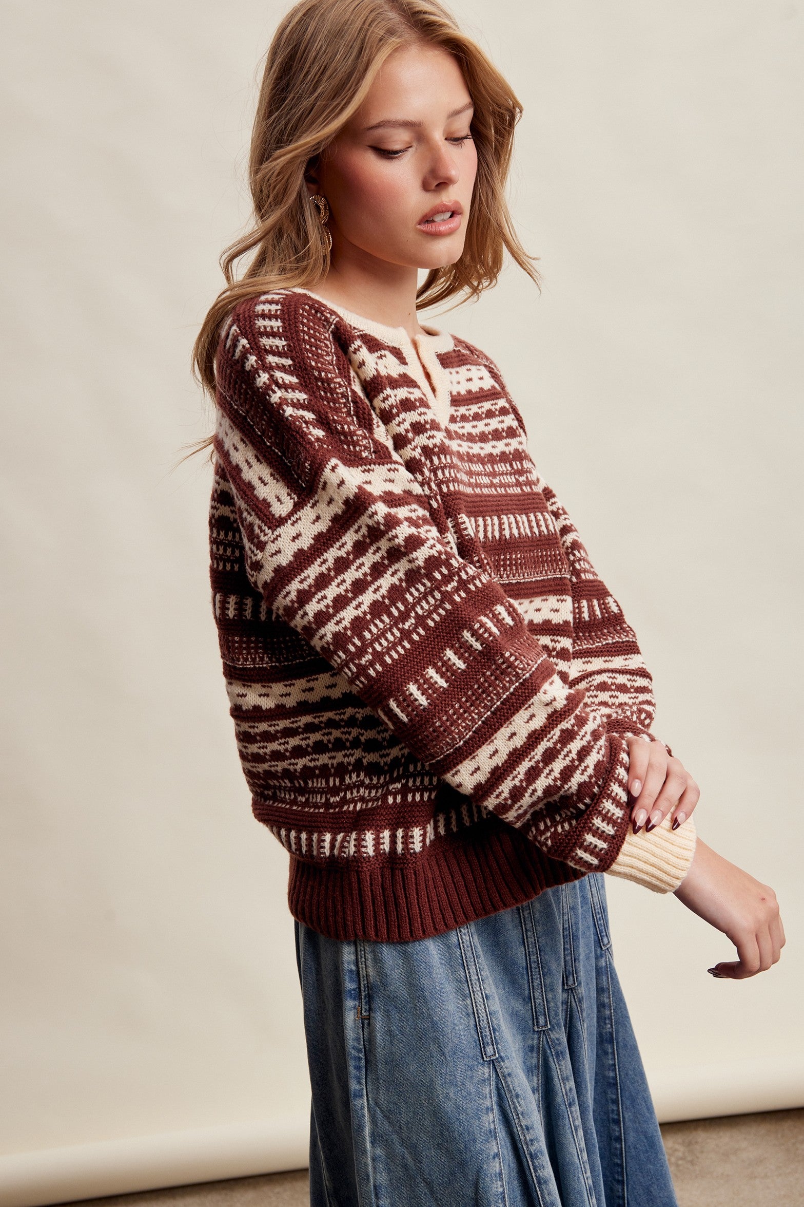 Highland Crossing Fair Isle Split Neck Sweater in Mocha Ivory - product photo 6
