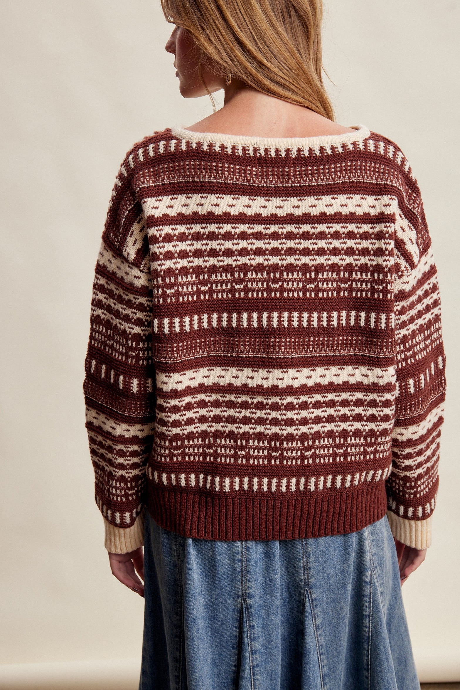 Highland Crossing Fair Isle Split Neck Sweater in Mocha Ivory - product photo 7