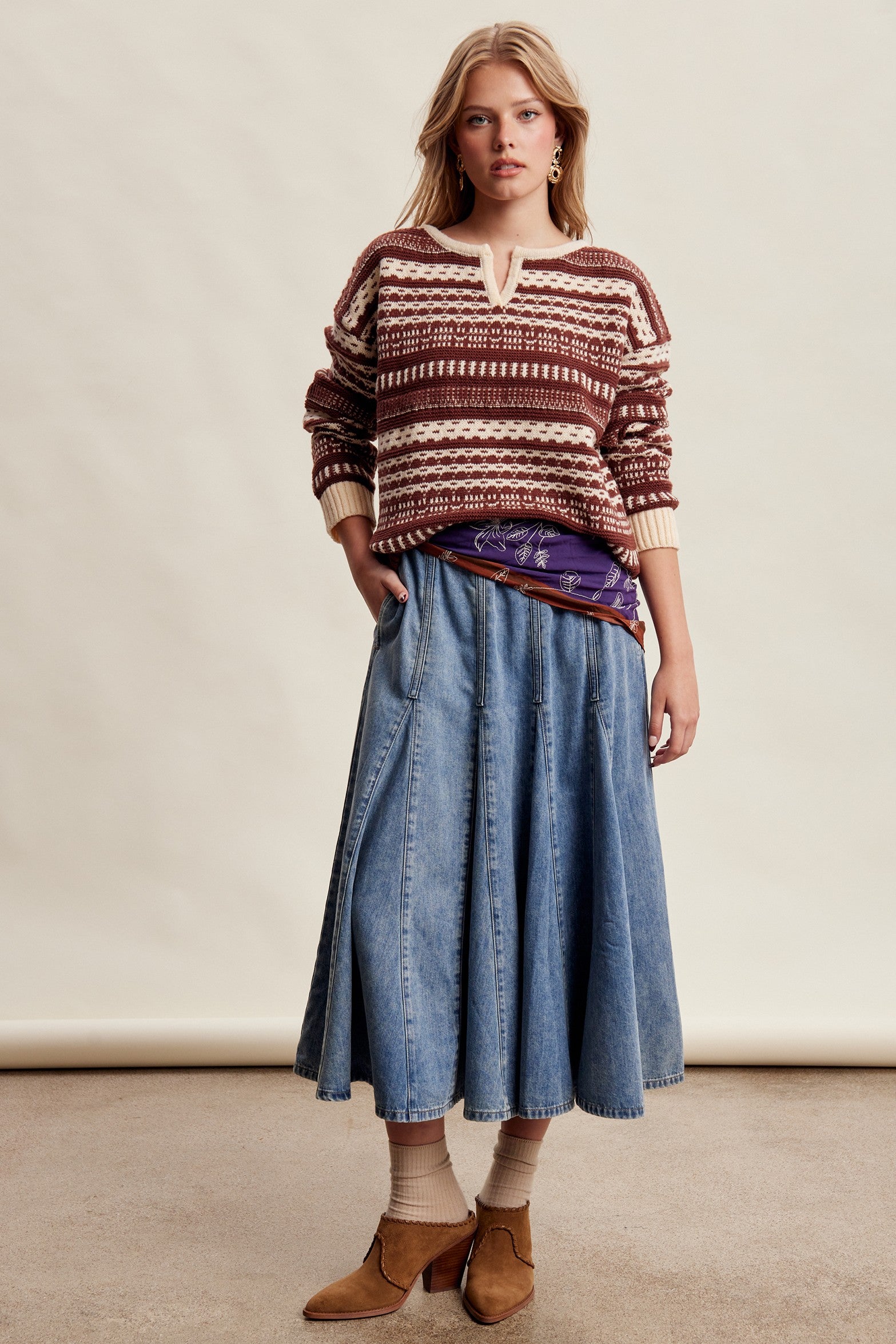 Highland Crossing Fair Isle Split Neck Sweater in Mocha Ivory - product photo 8