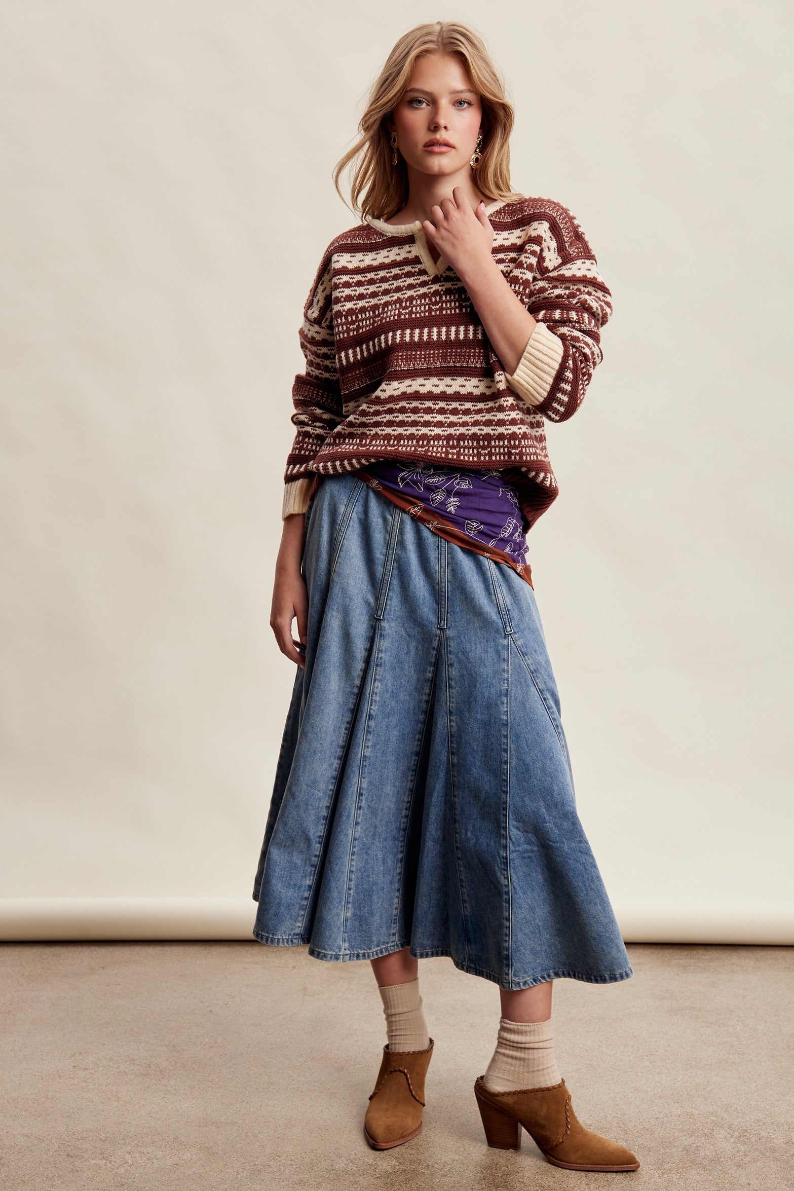 Highland Crossing Fair Isle Split Neck Sweater in Mocha Ivory - product photo 9