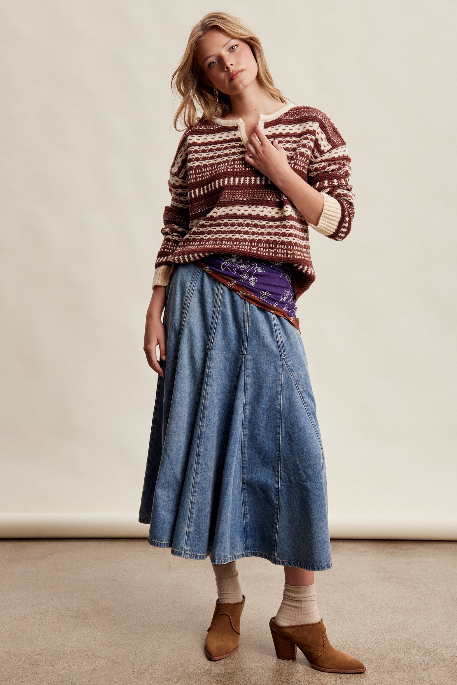 Highland Crossing Fair Isle Split Neck Sweater in Mocha Ivory - product photo 10
