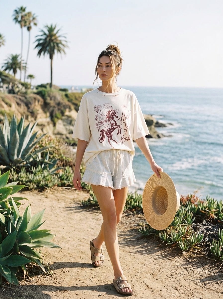 Hold Your Horses Distressed Oversized Graphic Tee - Westly