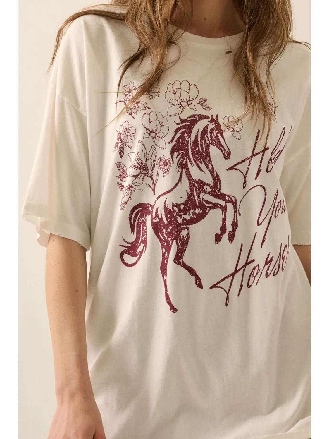 Hold Your Horses Distressed Oversized Graphic Tee - Westly