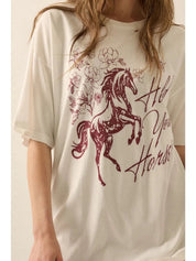 Hold Your Horses Distressed Oversized Graphic Tee - Westly