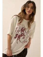 Hold Your Horses Distressed Oversized Graphic Tee - Westly