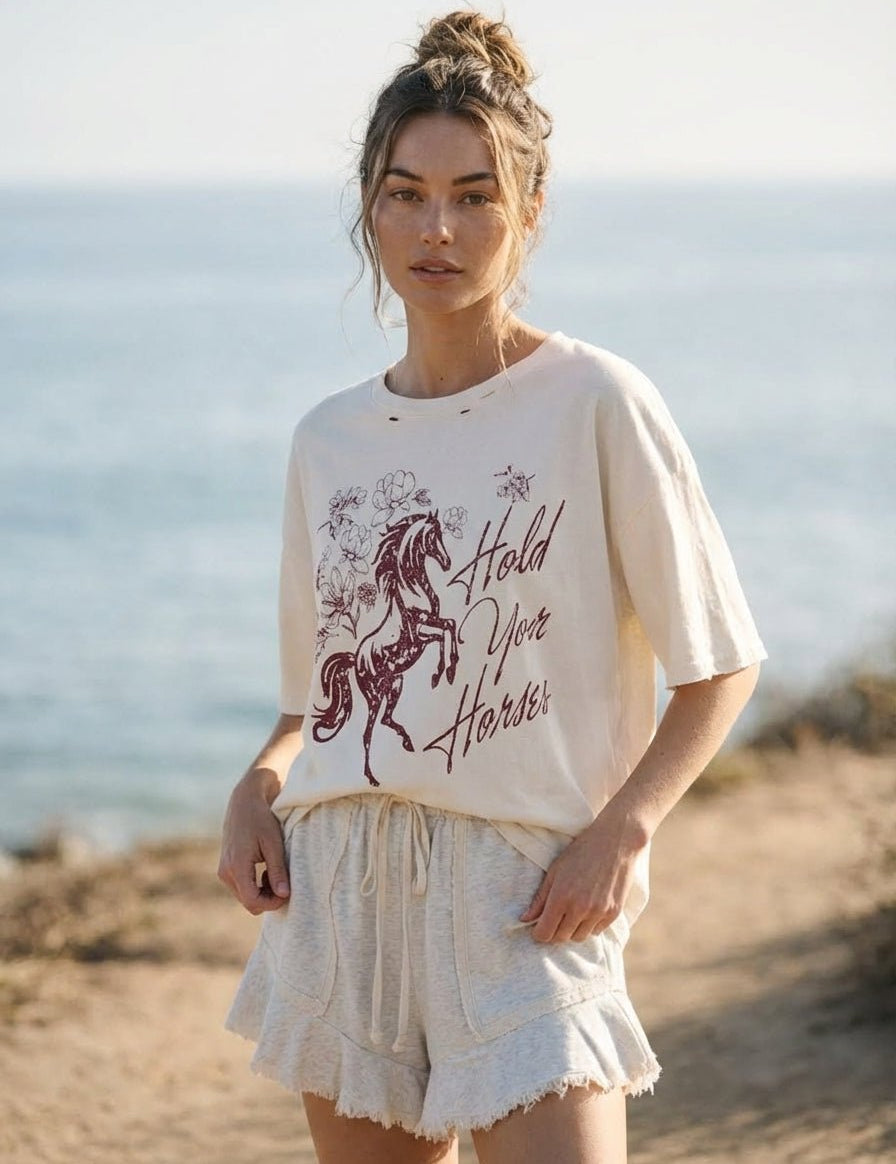 Hold Your Horses Distressed Oversized Graphic Tee - Westly