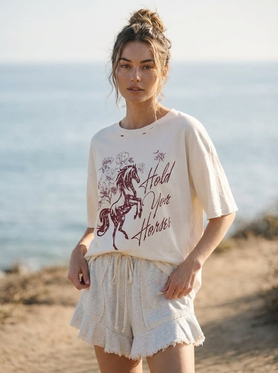 Hold Your Horses Distressed Oversized Graphic Tee - Westly