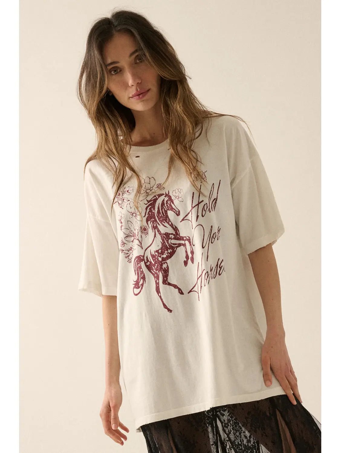 Hold Your Horses Distressed Oversized Graphic Tee - Westly