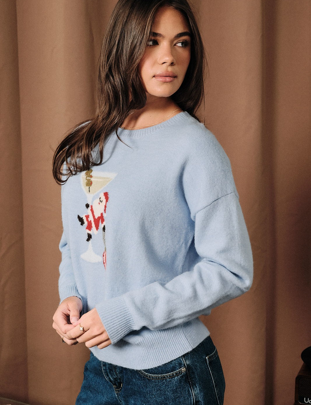 Holiday Spirits Santa Cocktail Knit Sweater in Baby Blue, photo 2