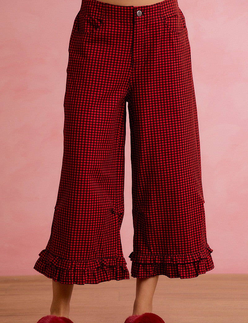 Holly Lane Ruffle Hem Plaid Pants - Red Black