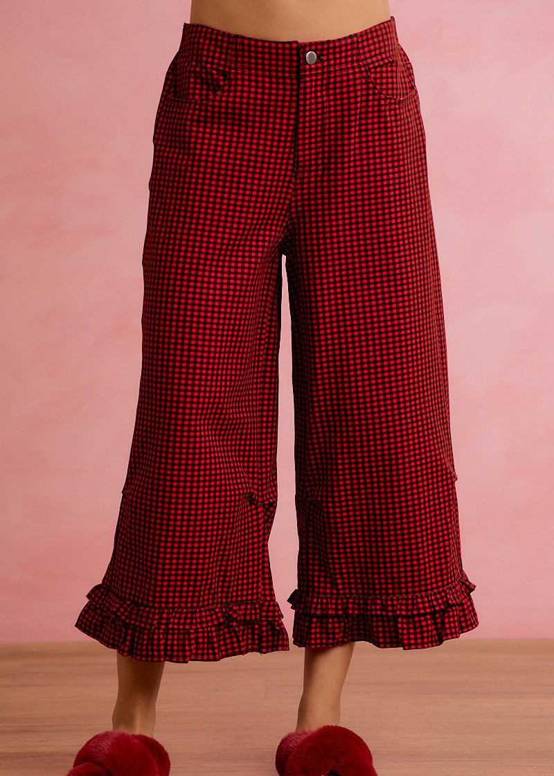 Holly Lane Ruffle Hem Plaid Pants - Red Black