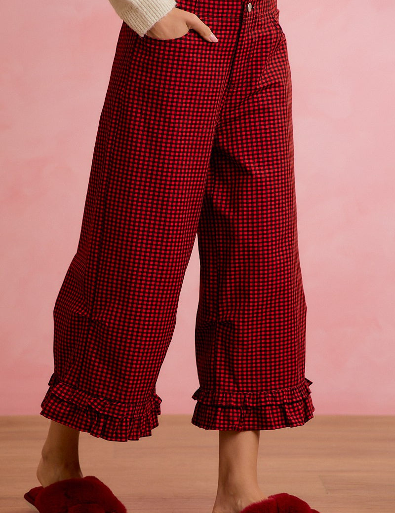 Holly Lane Ruffle Hem Plaid Pants - Red Black