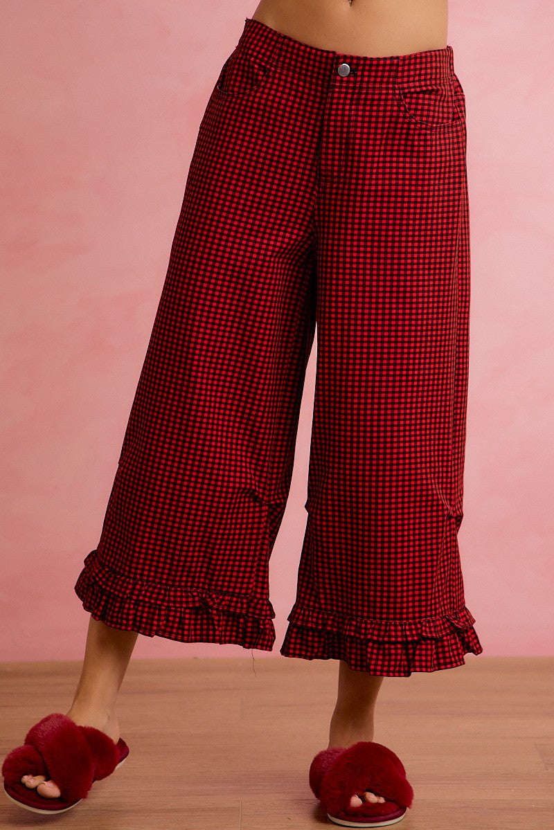 Holly Lane Ruffle Hem Plaid Pants - Red Black