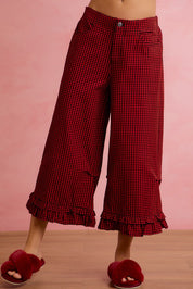 Holly Lane Ruffle Hem Plaid Pants - Red Black