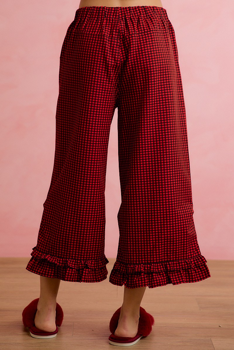 Holly Lane Ruffle Hem Plaid Pants - Red Black
