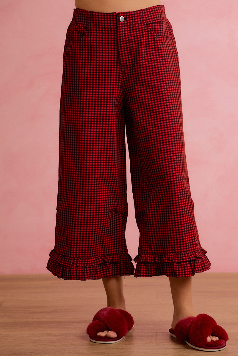 Holly Lane Ruffle Hem Plaid Pants - Red Black
