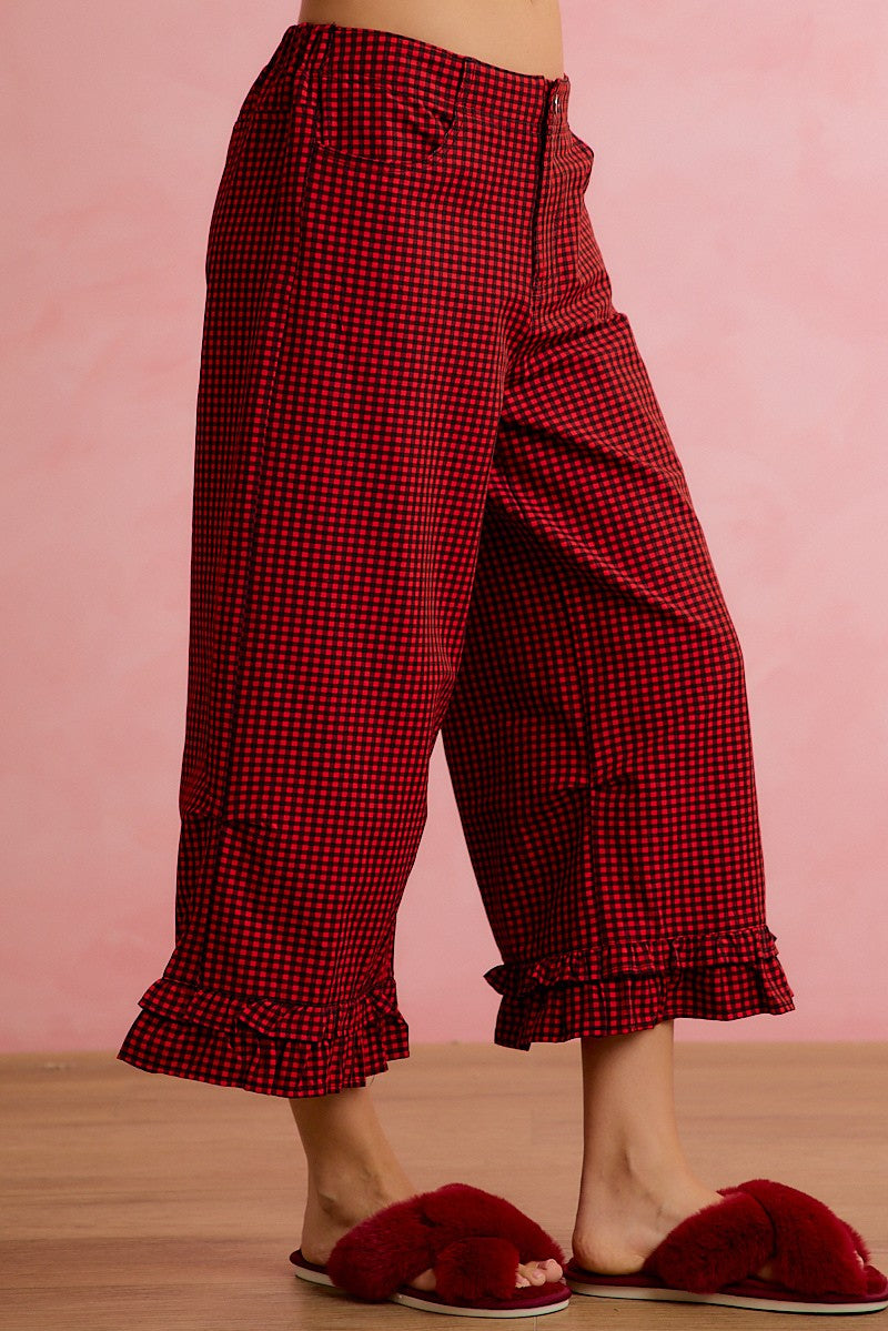 Holly Lane Ruffle Hem Plaid Pants - Red Black