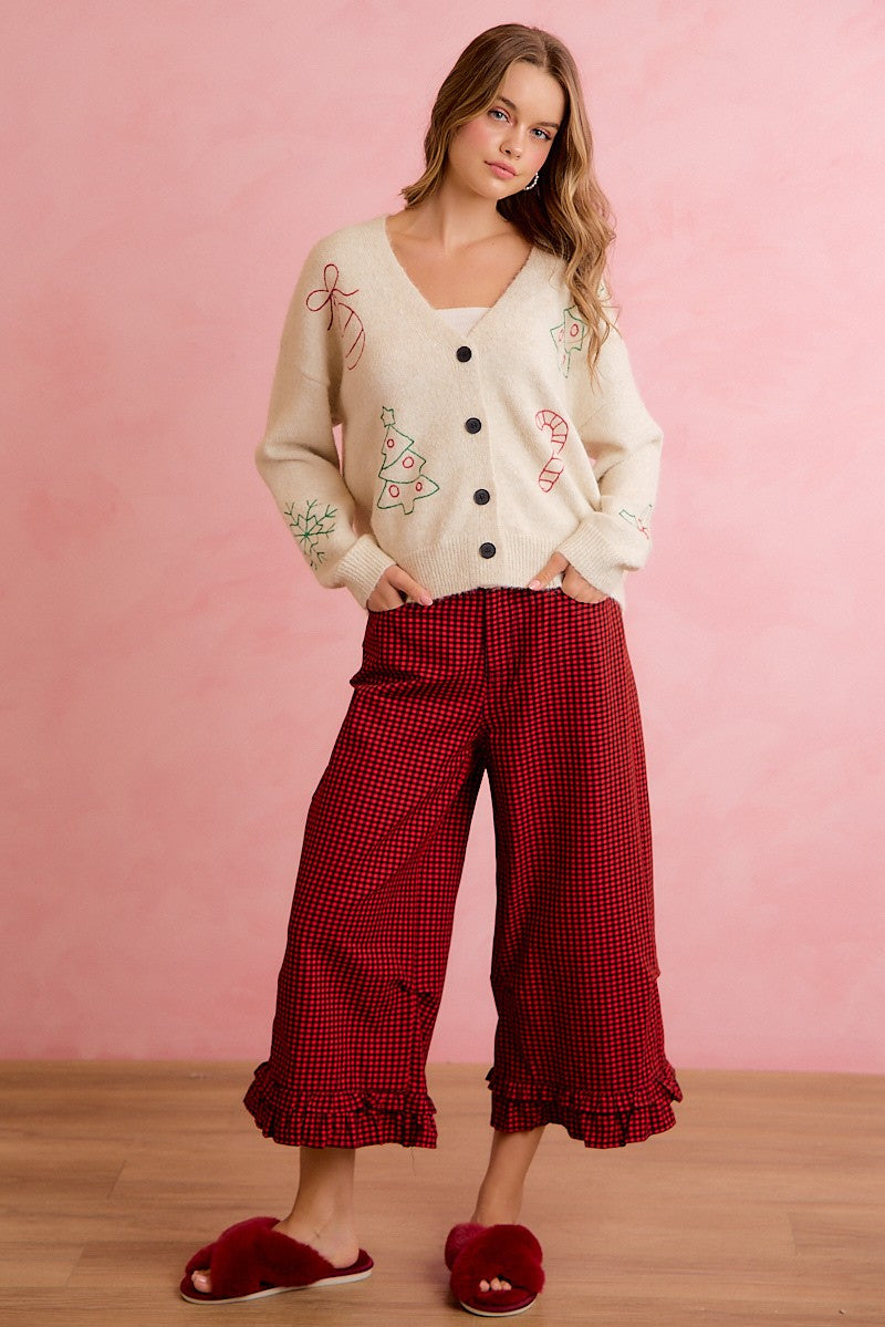 Holly Lane Ruffle Hem Plaid Pants - Red Black