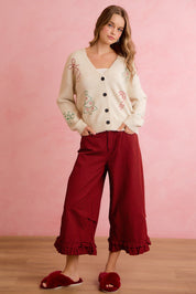 Holly Lane Ruffle Hem Plaid Pants - Red Black
