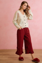 Holly Lane Ruffle Hem Plaid Pants - Red Black