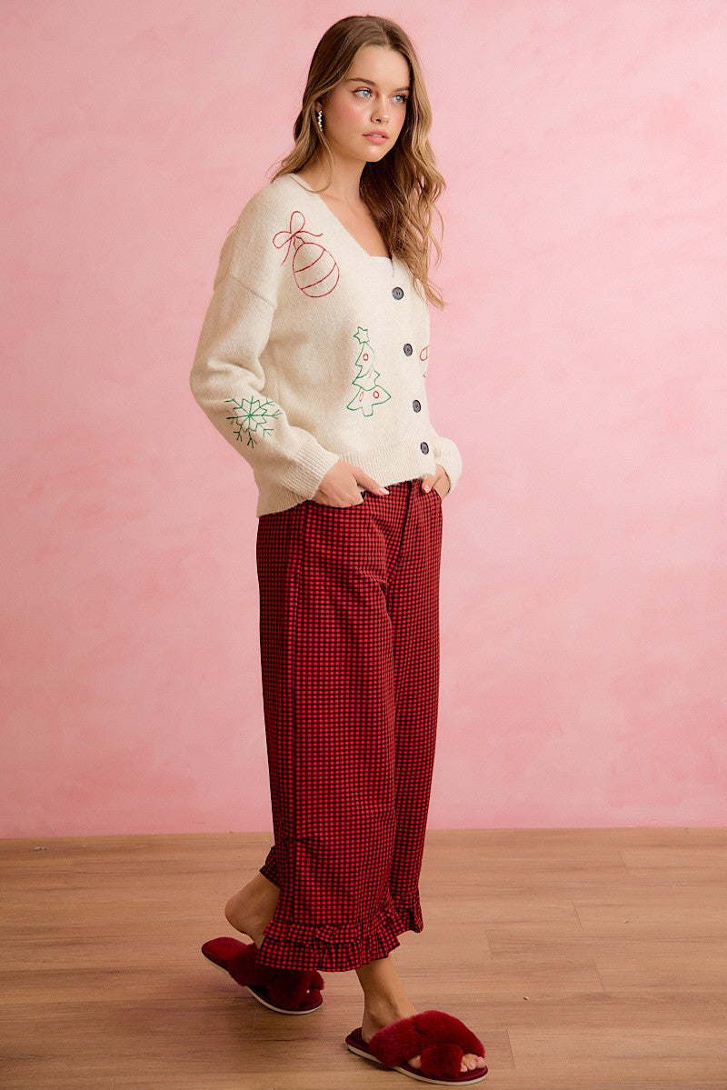 Holly Lane Ruffle Hem Plaid Pants - Red Black