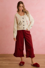 Holly Lane Ruffle Hem Plaid Pants - Red Black