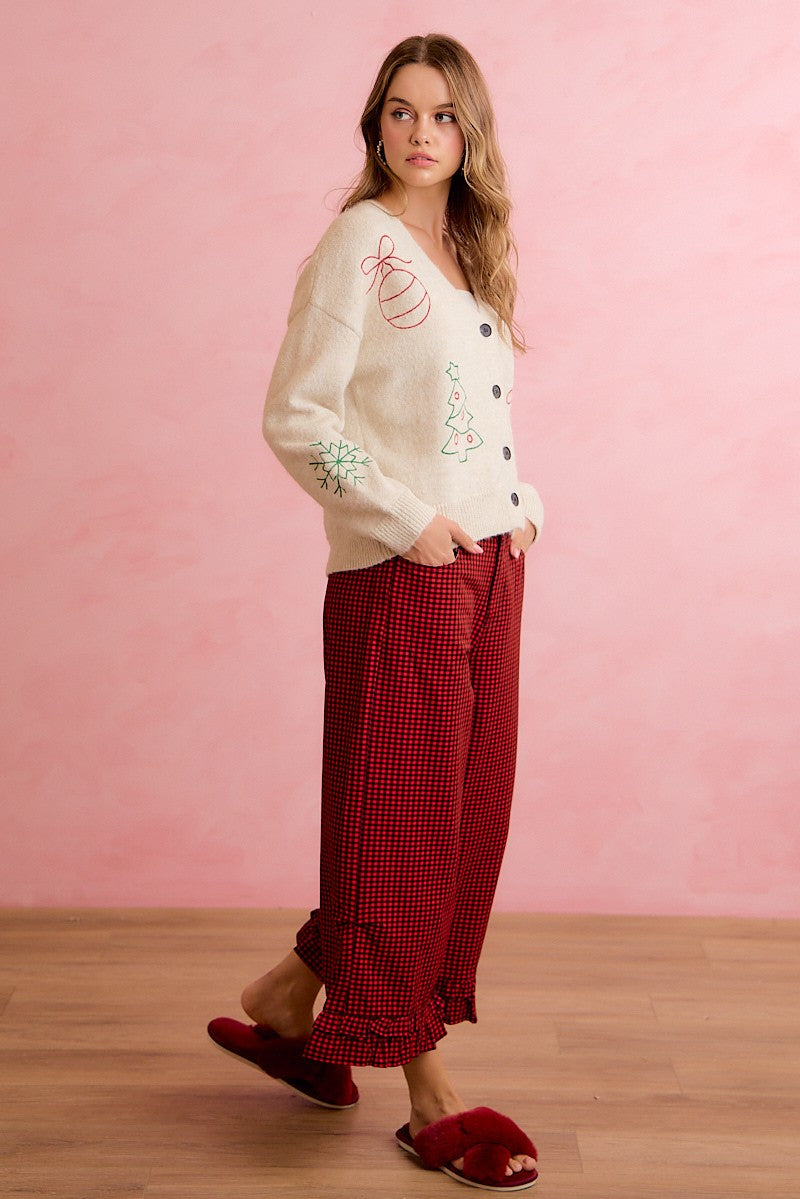 Holly Lane Ruffle Hem Plaid Pants - Red Black