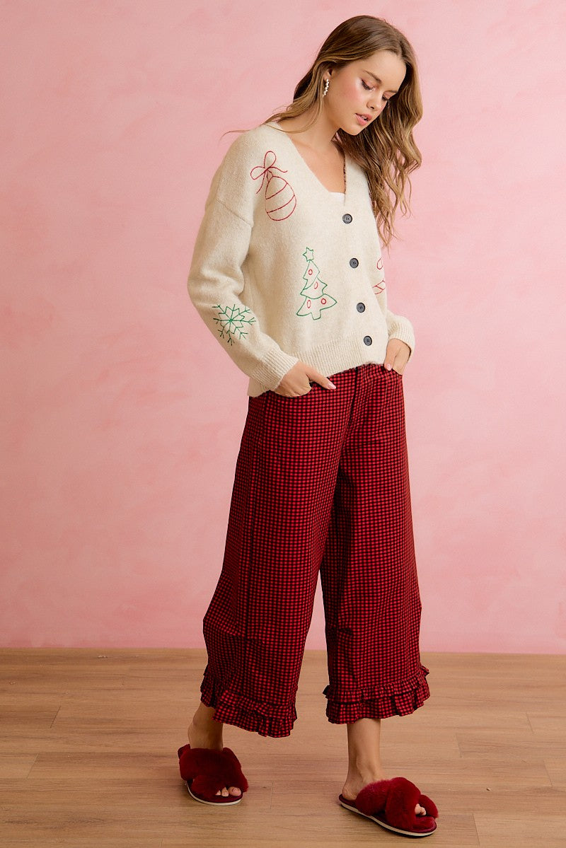 Holly Lane Ruffle Hem Plaid Pants - Red Black