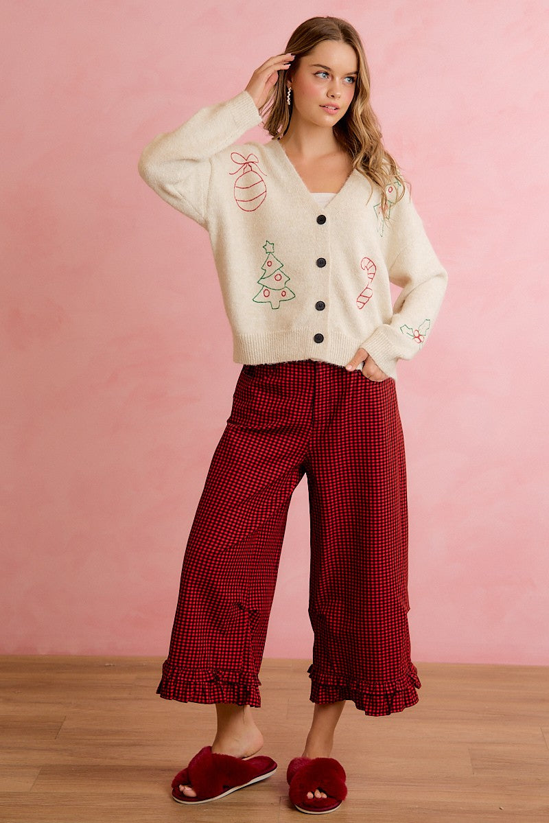 Holly Lane Ruffle Hem Plaid Pants - Red Black