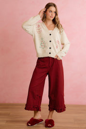 Holly Lane Ruffle Hem Plaid Pants - Red Black