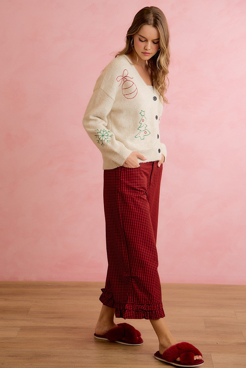 Holly Lane Ruffle Hem Plaid Pants - Red Black