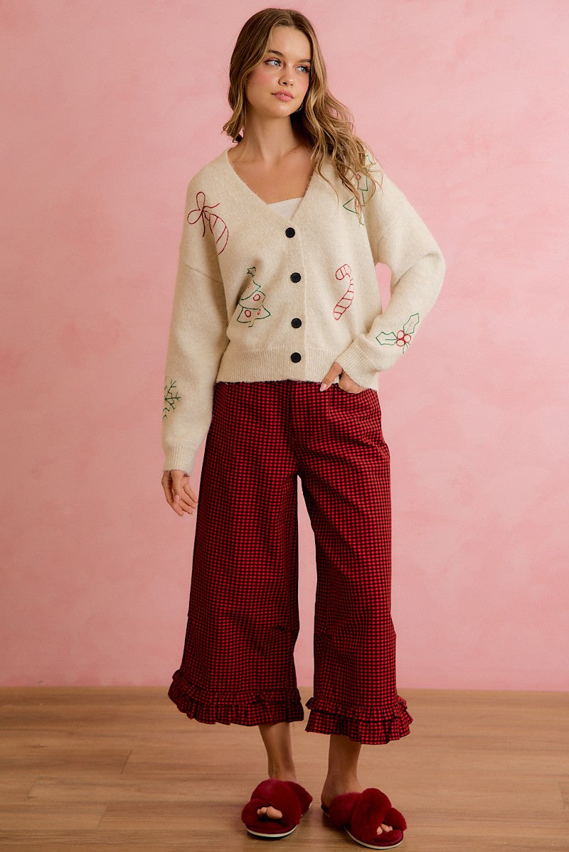 Holly Lane Ruffle Hem Plaid Pants - Red Black
