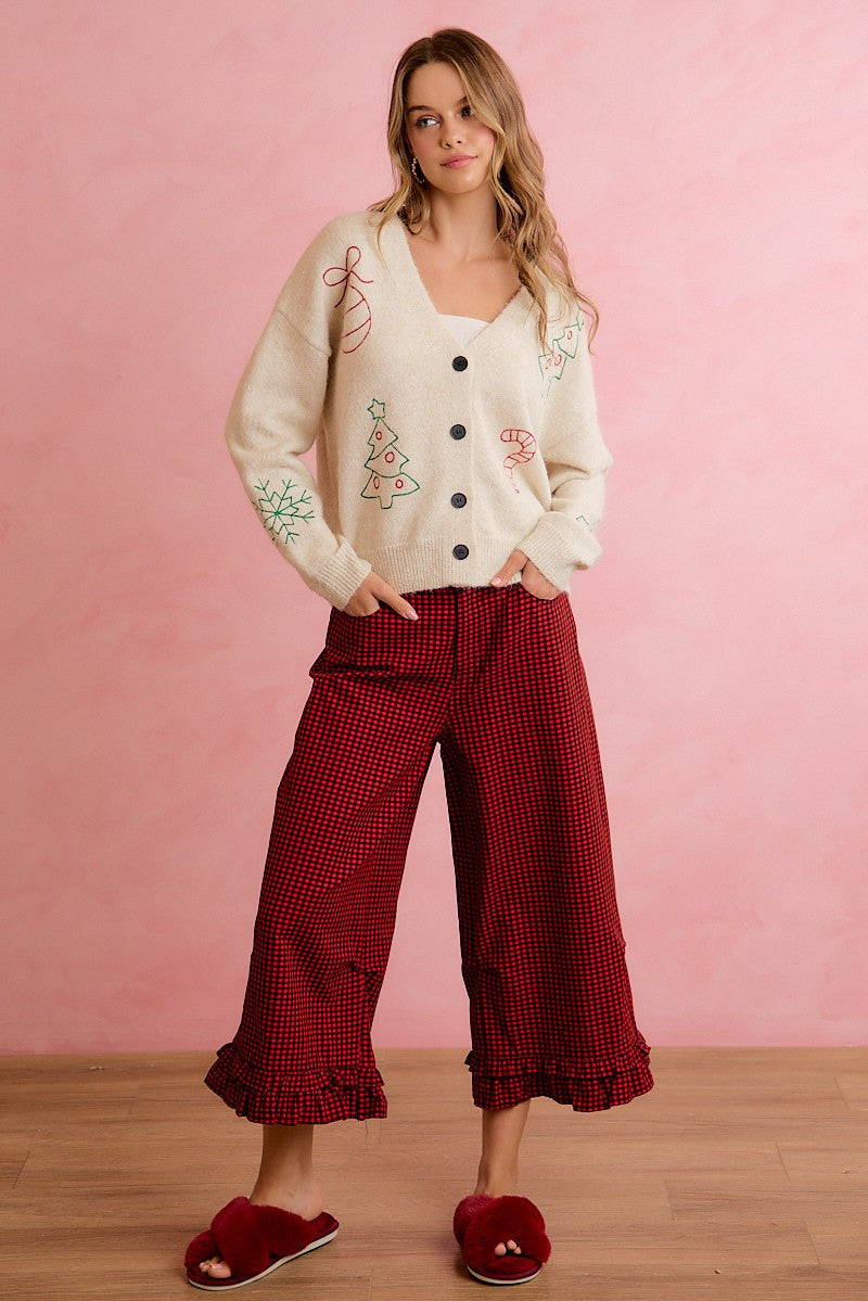 Holly Lane Ruffle Hem Plaid Pants - Red Black
