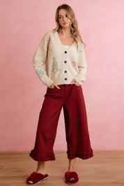 Holly Lane Ruffle Hem Plaid Pants - Red Black