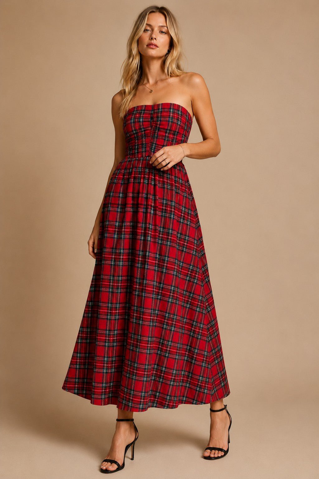 Holly Strapless Tartan Plaid Ruched Midi Dress - Westly